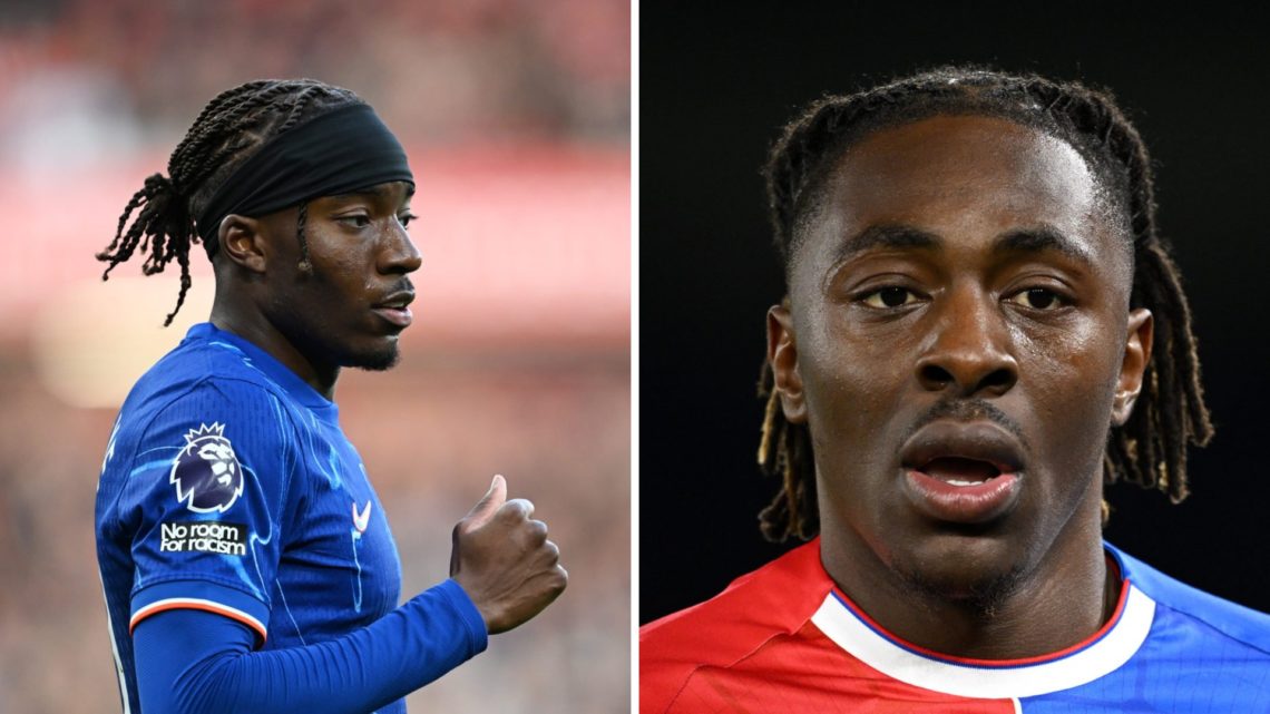Split image of Arsenal targets (L) Noni Madueke in action for Chelsea and (R) Eberechi Eze during a game for Crystal Palace
