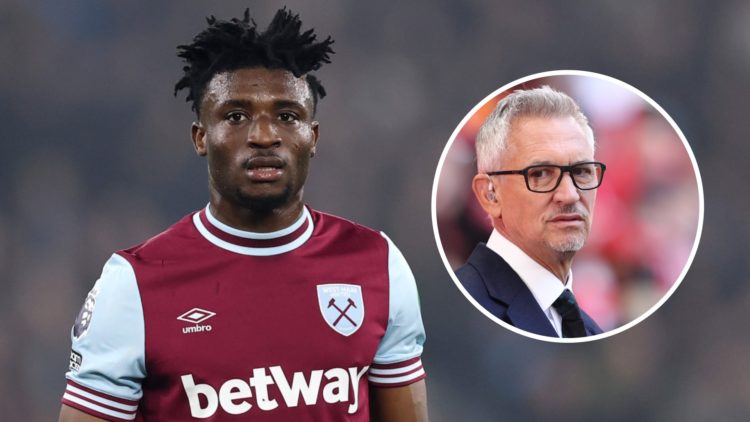 Mohammed Kudus during a match for West Ham with an inset of Gary Lineker.