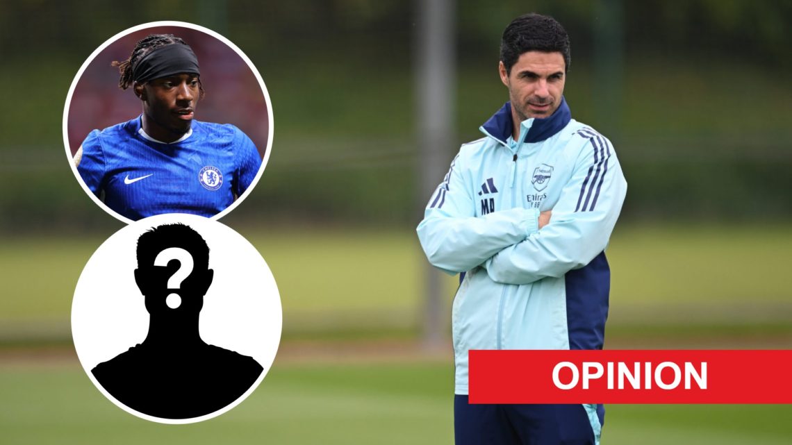 Image of Mikel Arteta in Arsenal training with overlay of Noni Madeuke and overlay of mystery player