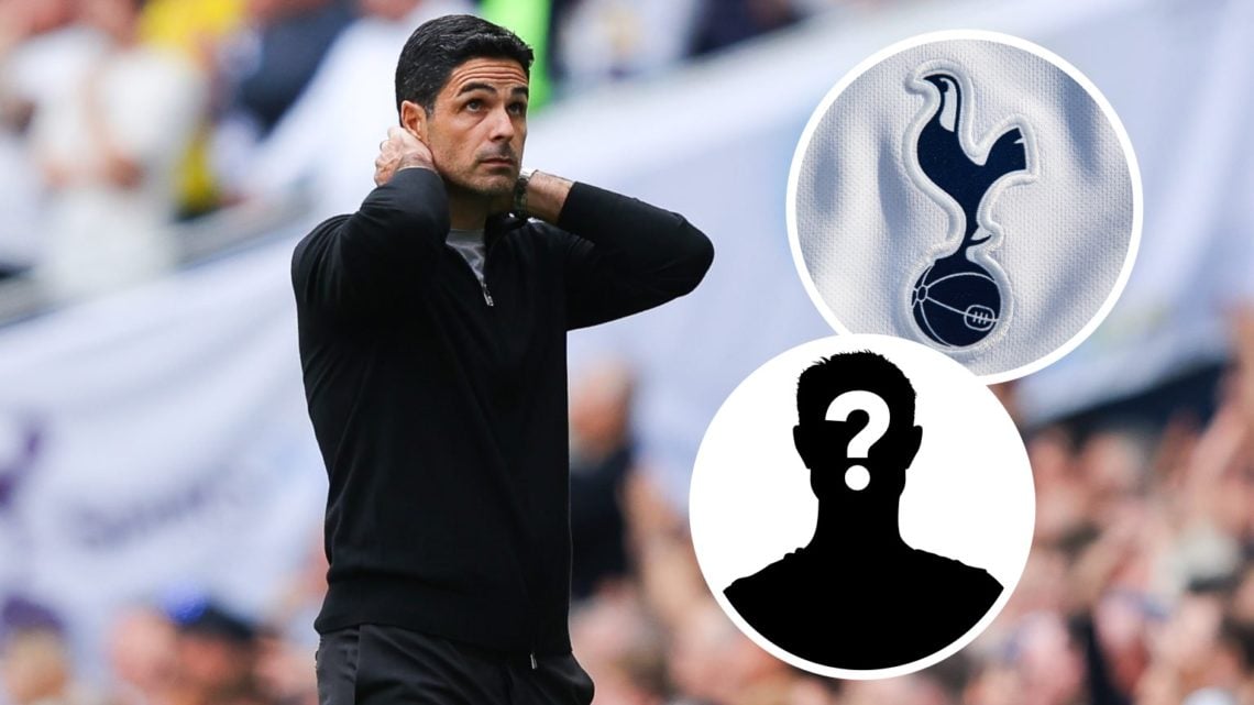 Arsenal manager Mikel Arteta looks gutted at the Tottenham Hotspur Stadium. Inset of Spurs badge and a mystery player.