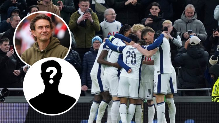 Tottenham Hotspur players celebrate after goal in the Europa League. Inset of new Spurs manager Thomas Frank and a mystery player.