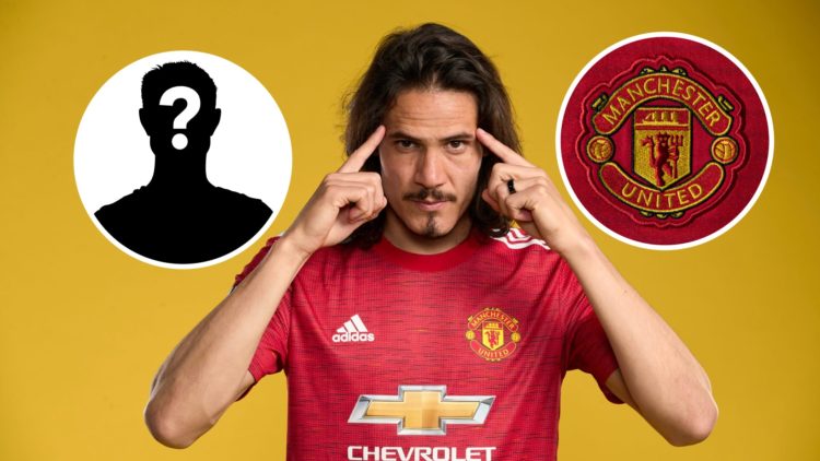 Edinson Cavani ahead of the UEFA Europa League final at Manchester United, mystery figure and Manchester United badge inset