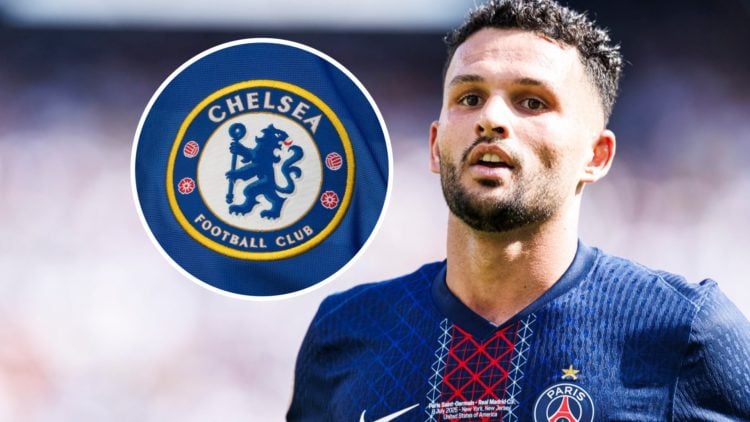 Goncalo Ramos playing for PSG at the FIFA Club World Cup, Chelsea badge inset