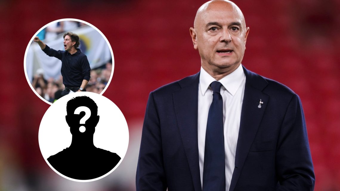 Tottenham Hotspur chairman Daniel Levy after winning the Europa League final. Inset of Spurs manager Thomas Frank and a mystery player.