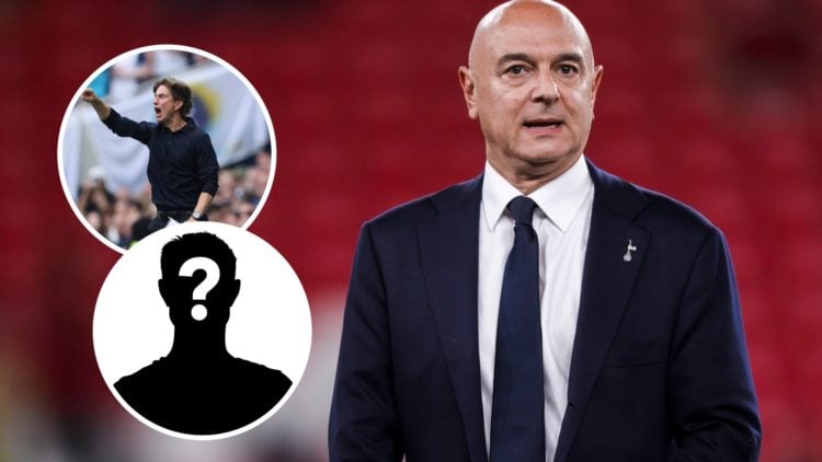 Tottenham Hotspur chairman Daniel Levy after winning the Europa League final. Inset of Spurs manager Thomas Frank and a mystery player.