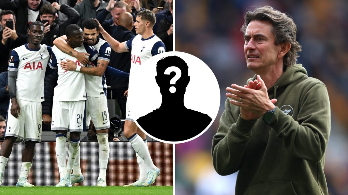 Split image of Tottenham Hotspur midfielder celebrates scoring Pape Matar Sarr (left) and Spurs manager Thomas Frank (right) after Brentford match....