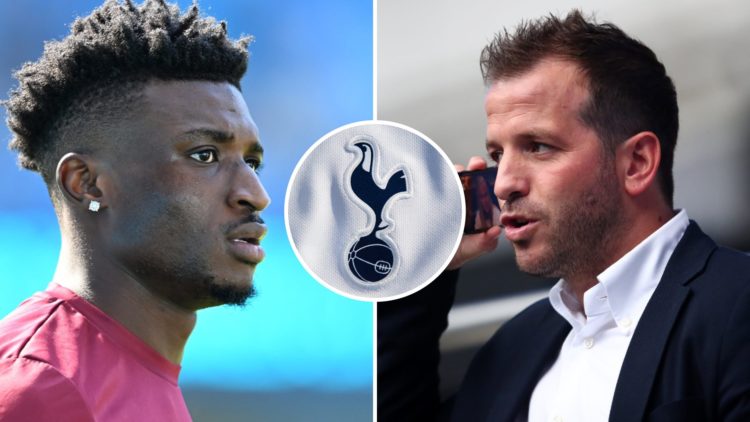 Split image of Rafael van der Vaart (right) on Dutch television and Mohammed Kudus (left) before a West Ham match. Inset of Tottenham Hotspur badge.