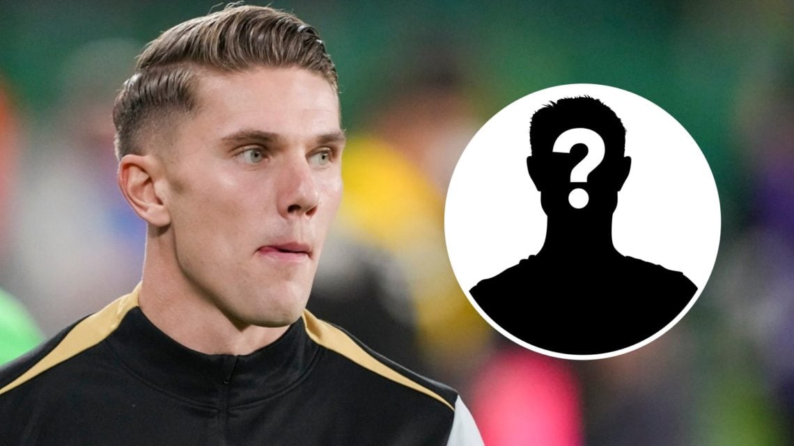 Sporting CP striker Viktor Gyokeres looks on. Inset, question mark.