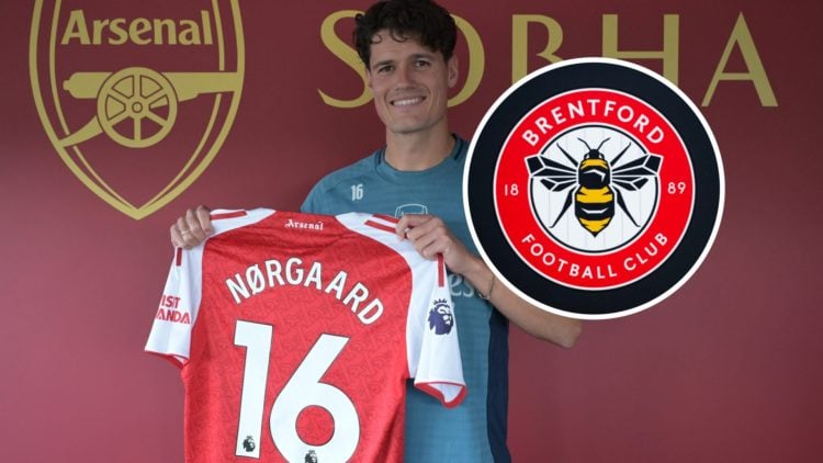 Christian Norgaard at his Arsenal unveiling, Brentford badge inset