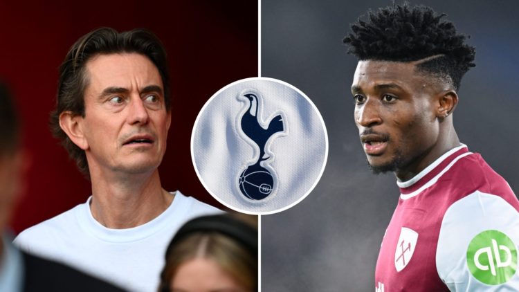 Split image of Tottenham Hotspur manager Thomas Frank (left) ahead of Premier League match and Mohammed Kudus (right) in action for West Ham United...