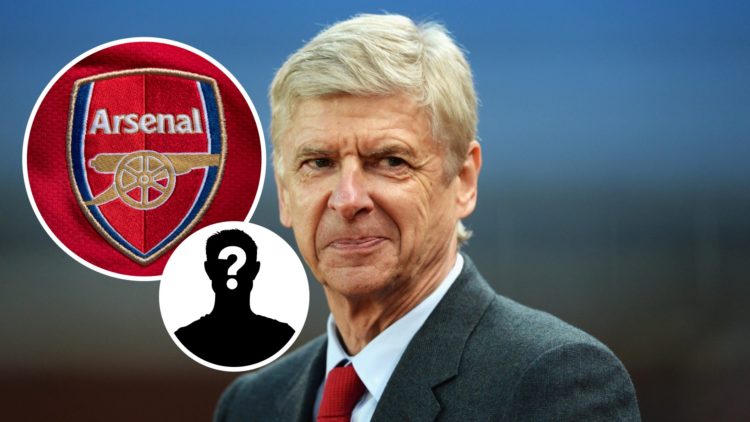 Image of Arsene Wenger smiling while managing Arsenal, mystery figure and Arsenal badge inset