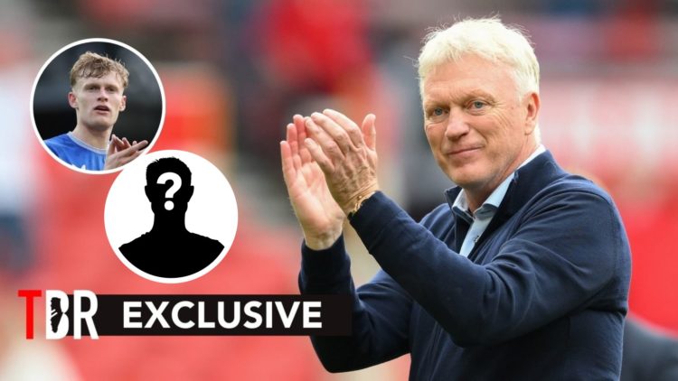 Everton manager David Moyes applauds fans. Inset, Jarrad Branthwaite and question mark.