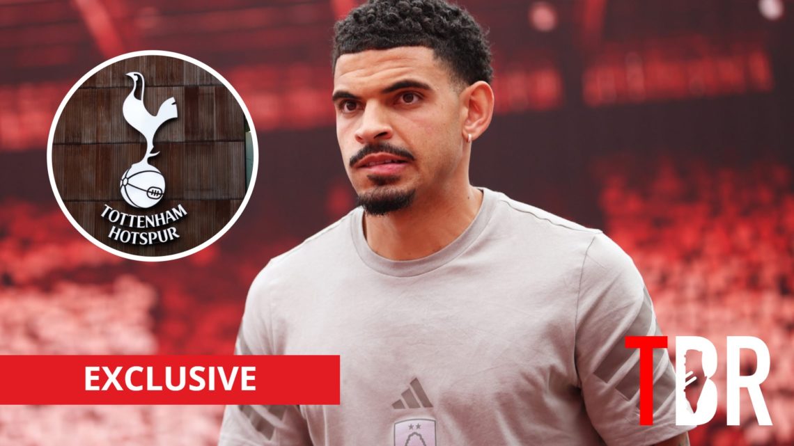 Nottingham Forest midfielder Morgan Gibbs-White with inset of Tottenham Hotspur badge