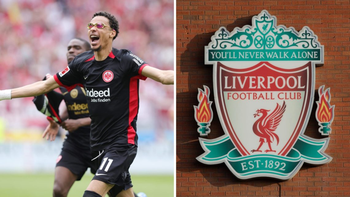 Split image of Hugo Ekitike and Liverpool badge