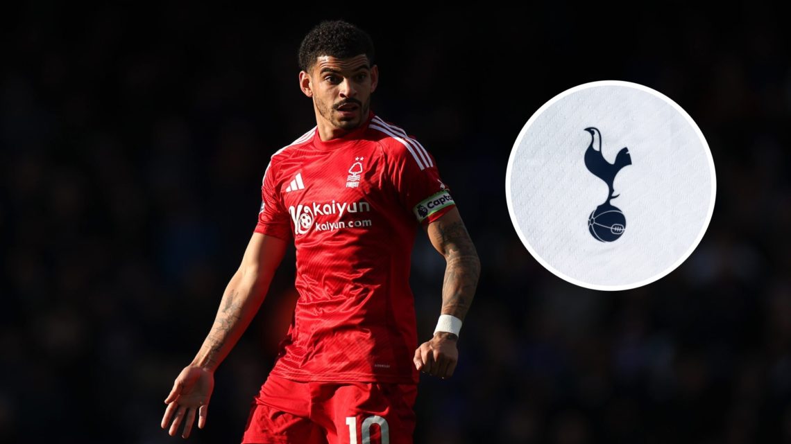 Nottingham Forest midfielder Morgan Gibbs-White with inset of Tottenham Hotspur badge