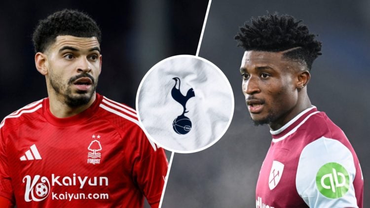 Split image of Morgan Gibbs-White and Mohammed Kudus with Tottenham badge inset