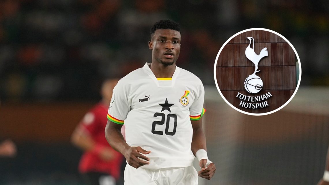 New Tottenham Hotspur midfielder Mohammed Kudus with inset of Spurs badge