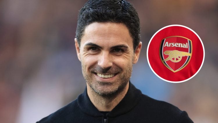 Arsenal manager Mikel Arteta with inset of Arsenal badge