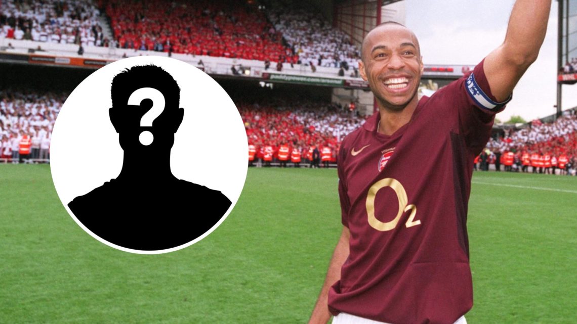 Image of Thierry Henry celebrating after an Arsenal game at Highbury with an inset of a mystery player