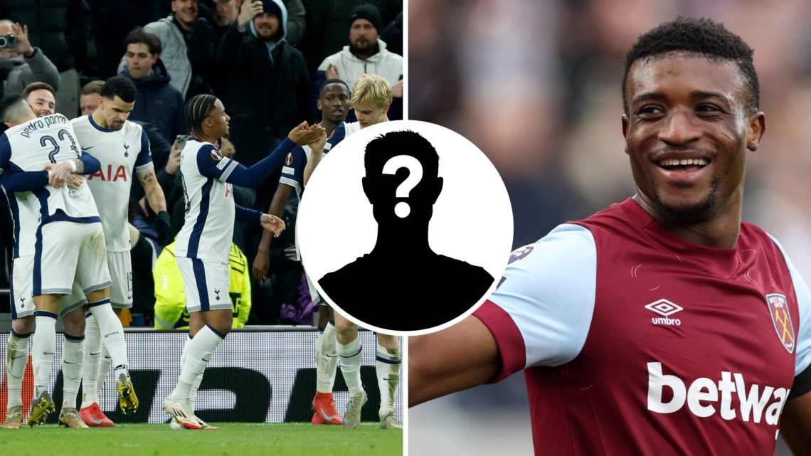 Tottenham Hotspur (left) players celebrating Europa League goal and West Ham United forward Mohammed Kudus (right) in action. Inset of a mystery pl...