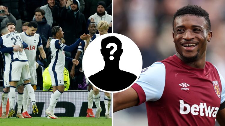 Tottenham Hotspur (left) players celebrating Europa League goal and West Ham United forward Mohammed Kudus (right) in action. Inset of a mystery pl...