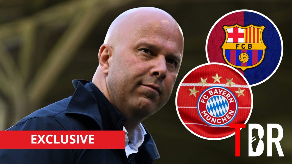 Liverpool manager Arne Slot with inset of Bayern Munich and Barcelona badges