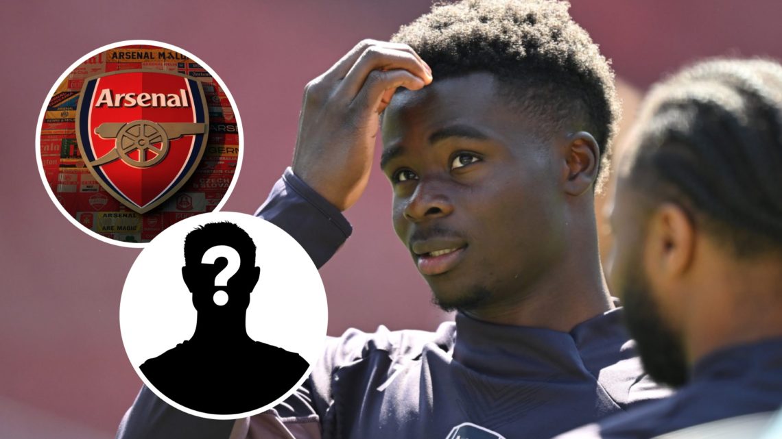Arsenal attacker Bukayo Saka during training session. Inset of Arsenal badge at the Emirates Stadium and a mystery player.