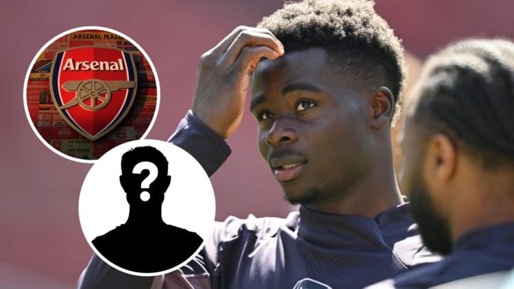 Arsenal attacker Bukayo Saka during training session. Inset of Arsenal badge at the Emirates Stadium and a mystery player.