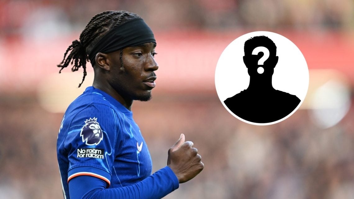 Image of Arsenal target Noni Madueke looking on during a Chelsea game along with an inset of a mystery player