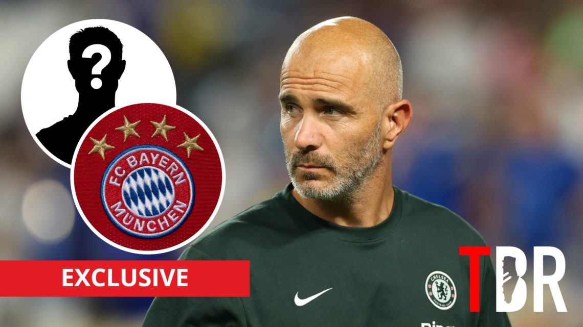 Chelsea manager Enzo Maresca with inset of Bayern Munich badge and mystery silhouette