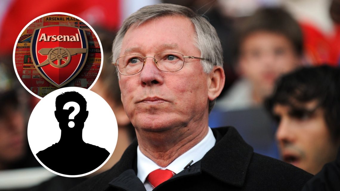 Legendary Manchester United manager Sir Alex Ferguson with insets of Arsenal badge and mystery silhouette