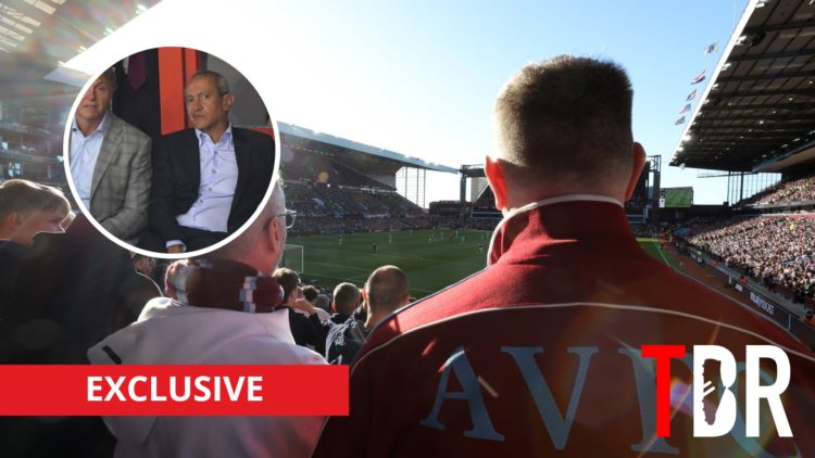 Aston Villa fans at Villa Park with inset of Wes Edens and Nasser Sawiris