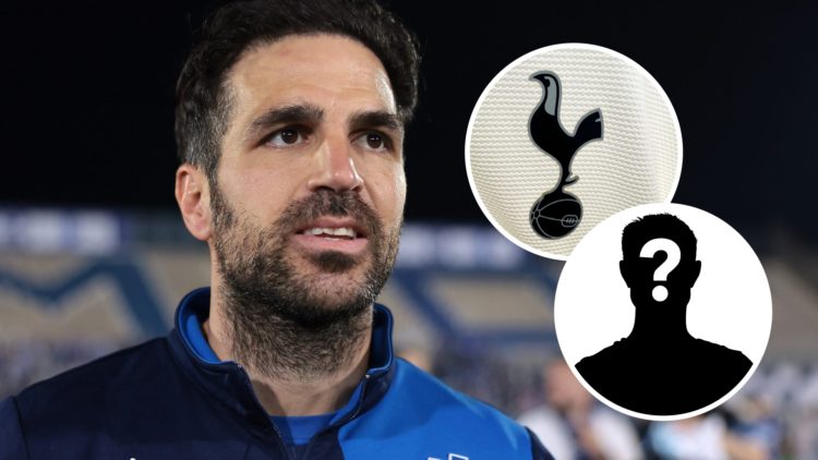 Como manager Cesc Fabregas with insets of Tottenham Hotspur badge and mystery silhouette