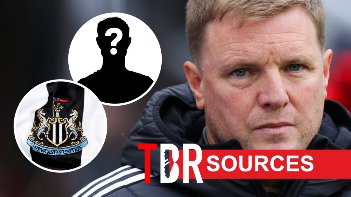 Eddie Howe looks on during Newcastle United's Premier League match against Arsenal at St James' Park. Closeup image of the Newcastle badge on home ...