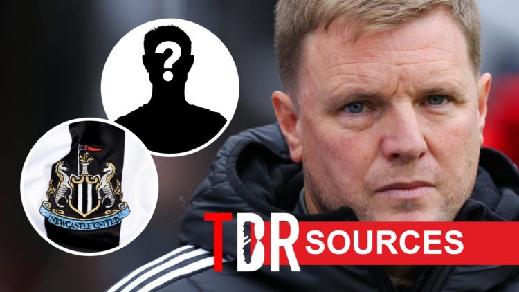 Eddie Howe looks on during Newcastle United's Premier League match against Arsenal at St James' Park. Closeup image of the Newcastle badge on home ...