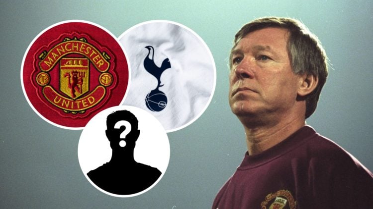 Image of Sir Alex Ferguson managing Manchester United, Tottenham badge, Manchester United badge and mystery figure inset