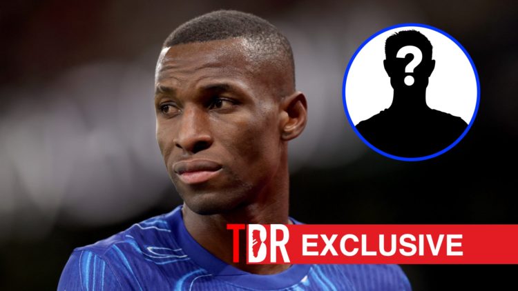 Nicolas Jackson head shot image for Chelsea with mystery player icon inset. Overlaid, TBR logo and exclusives banner.