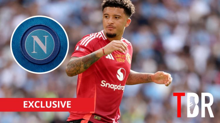Manchester United winger Jadon Sancho with inset of Napoli badge