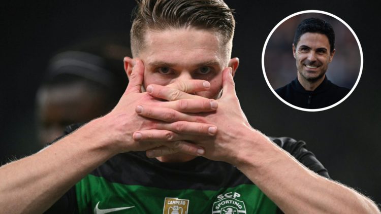 Sporting striker Viktor Gyokeres doing signature 'mask' celebration. Inset, Arsenal manager Mikel Arteta smiling.
