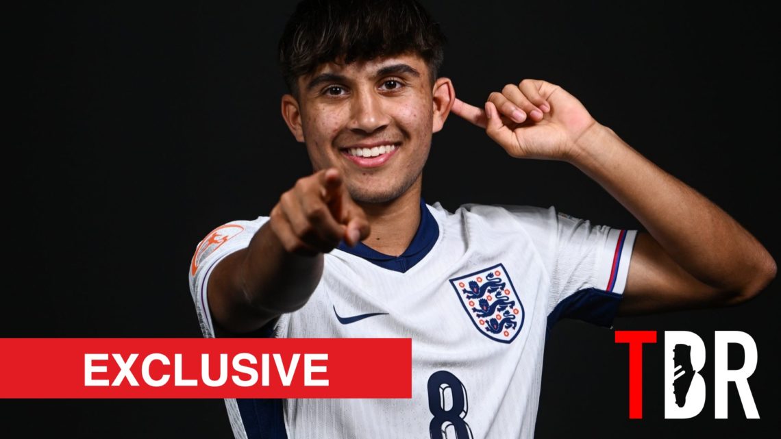 Seth Ridgeon portrait for England U17, pointing at camera. Overlaid TBR logo and exclusives banner.