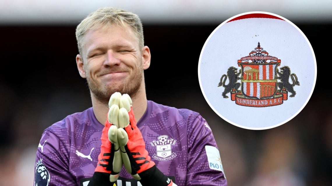 Aaron Ramsdale playing for Southampton, Sunderland badge on a seat inside the Stadium of Light