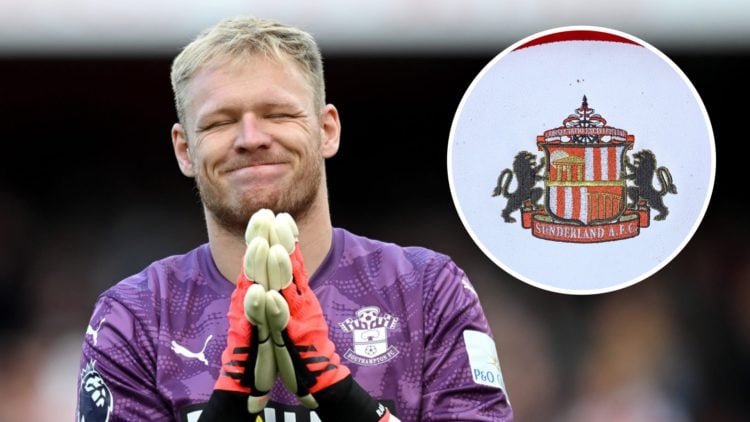 Aaron Ramsdale playing for Southampton, Sunderland badge on a seat inside the Stadium of Light