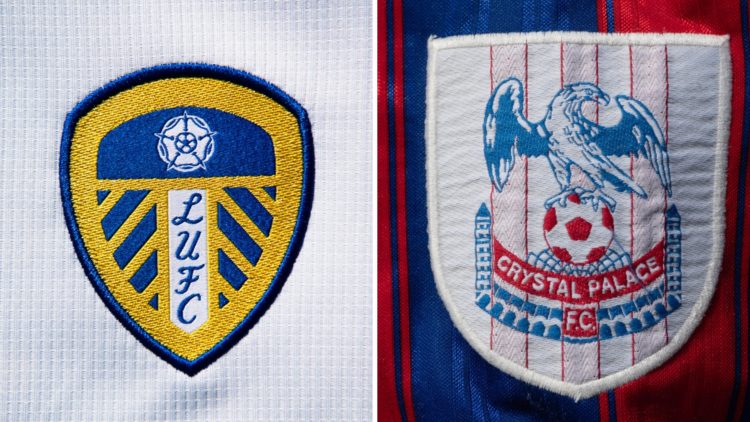 Split image of the Leeds United badge and the Crystal Palace badge