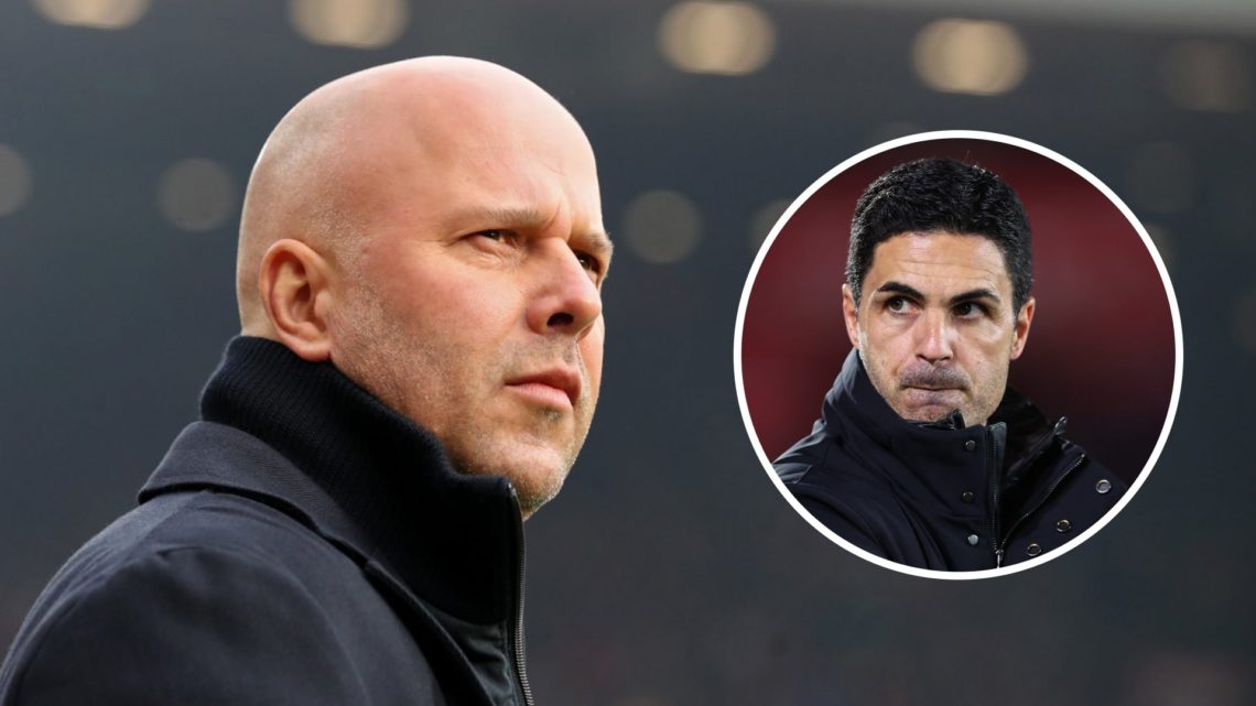 Liverpool manager Arne Slot looks on at Anfield. Inset, Arsenal boss Mikel Arteta.