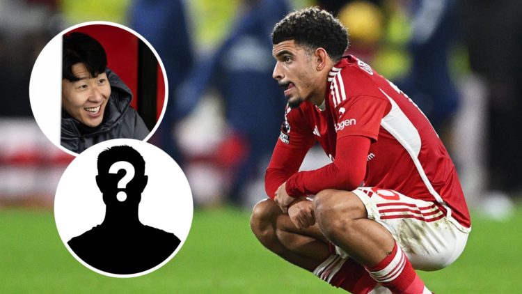 Nottingham Forest captain Morgan Gibbs-White looks upset during Premier League match. Inset of Son Heung-min during Tottenham Hotspur FA Cup tie an...