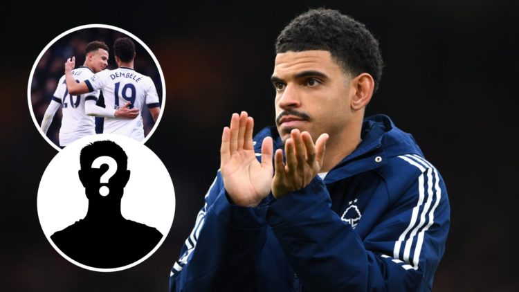 Tottenham Hotspur target Morgan Gibbs-White after game for Nottingham Forest. Inset of former Spurs star Mousa Dembele and a mystery player.