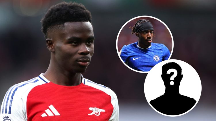 Bukayo Saka looks on during an Arsenal match with an inset of Noni Madueke and a question mark.