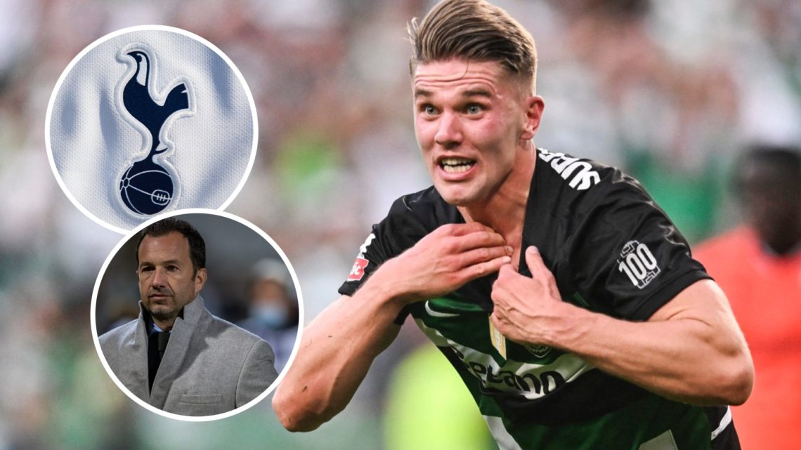 Arsenal transfer target Viktor Gyokeres celebrates goal. Inset of Sporting CP president Frederico Varandas and Tottenham Hotspur badge.