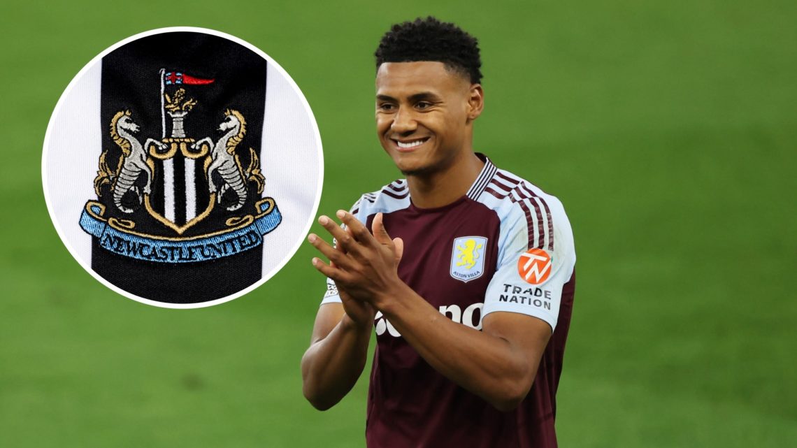 Ollie Watkins applauding the Aston Villa fans with Newcastle United badge inset