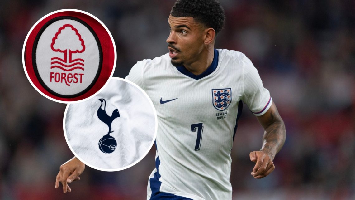 Morgan Gibbs-White playing for England against Senegal, Tottenham badge and Nottingham Forest badge inset
